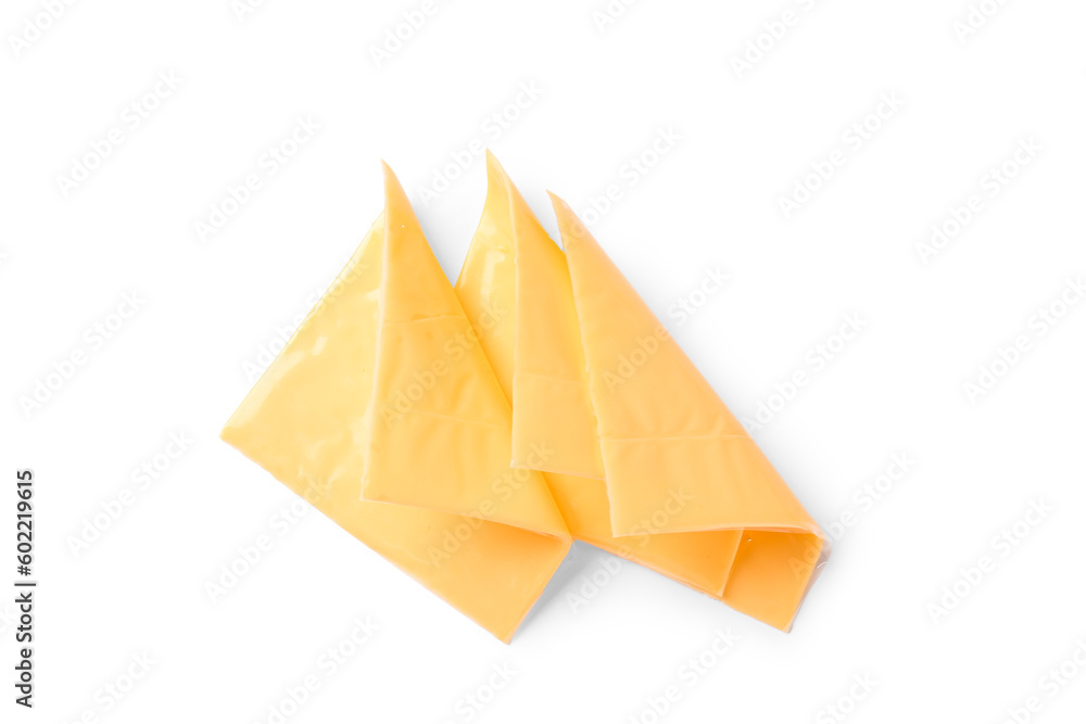 Slices of tasty processed cheese on white background