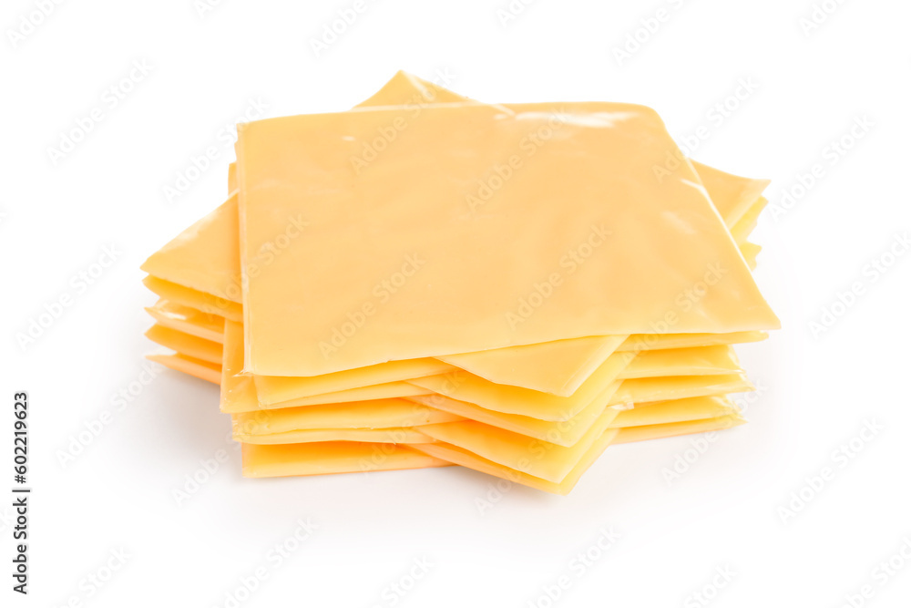 Slices of tasty processed cheese on white background