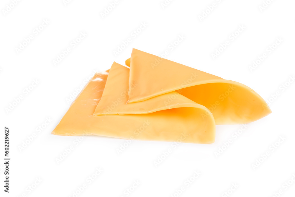 Slices of tasty processed cheese on white background