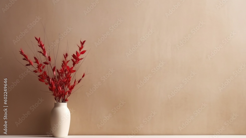 Vase with decorative dry plant branch against beige wall background. Minimalist interior mockup. Gen