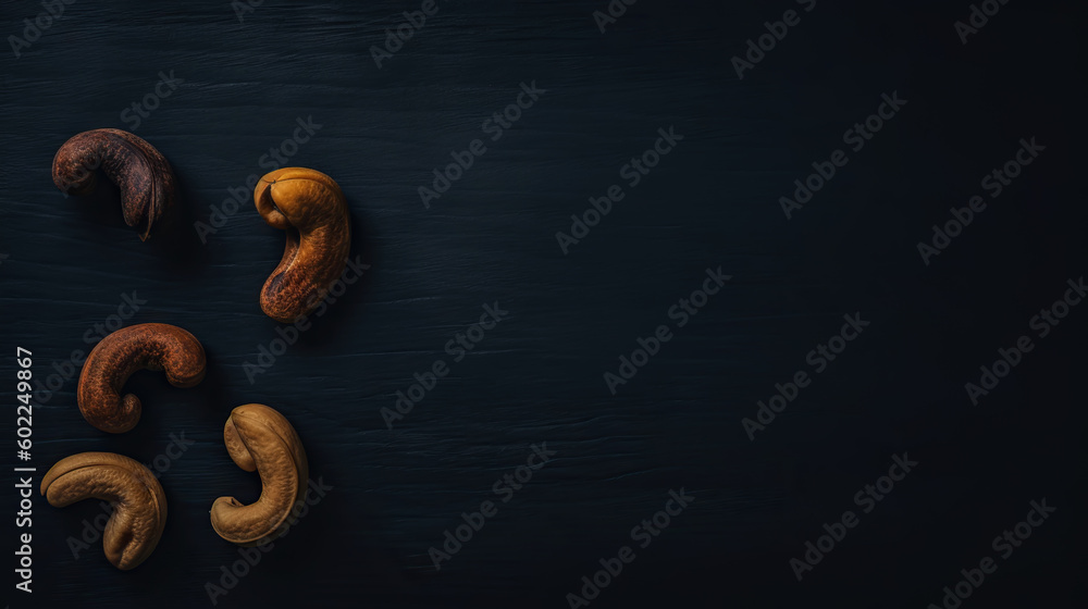 Cashew nuts on dark background. Healthy snack concept. Organic cashew. Generative AI