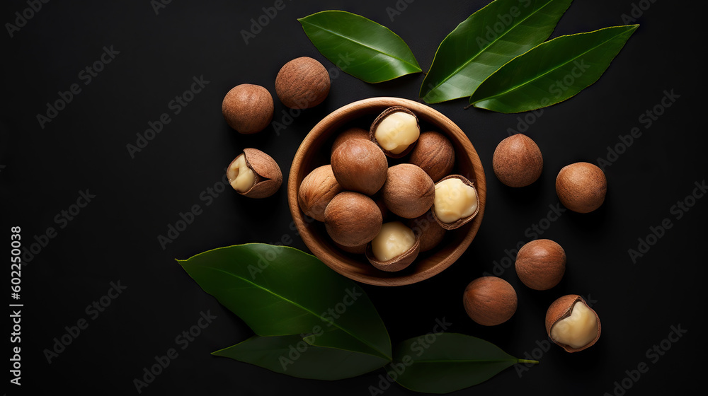 Large group of Macadamia nuts in a bowl on dark background with leaves. Food backdrop. Generative AI