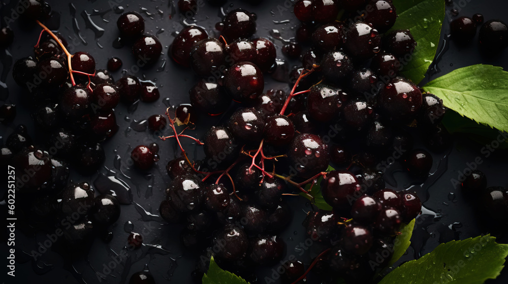 Fresh ripe elderberry with water drops background. Berries backdrop. Generative AI