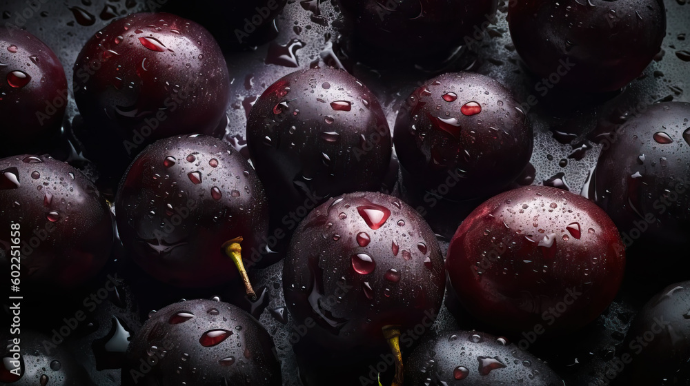 Fresh ripe plums with water drops background. Fruits backdrop. Generative AI