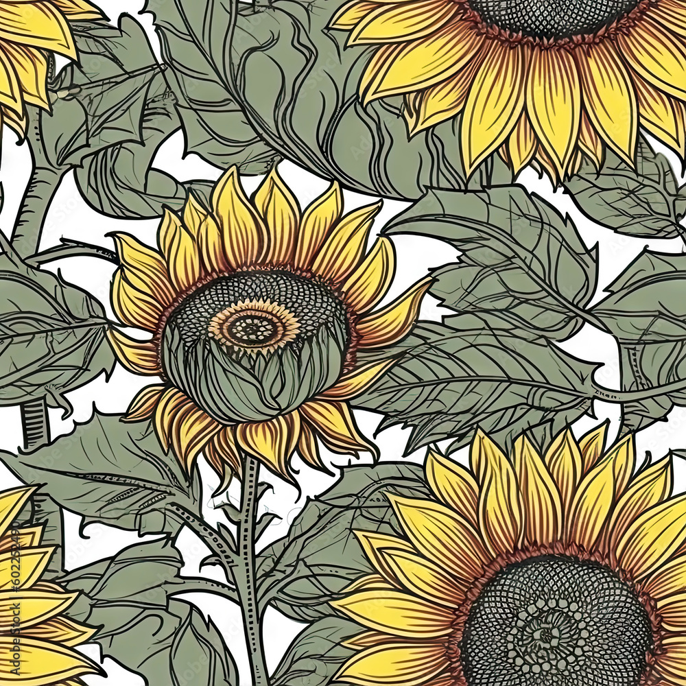 Sunflower flower seamless pattern. Floral seamless background. Generative AI