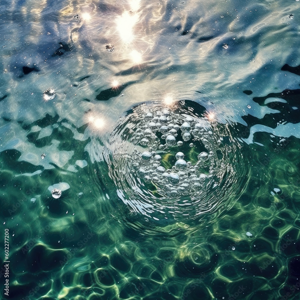 Water wave with oxygen bubbles in the underwater clear liquid flowing up to the water surface,Genera