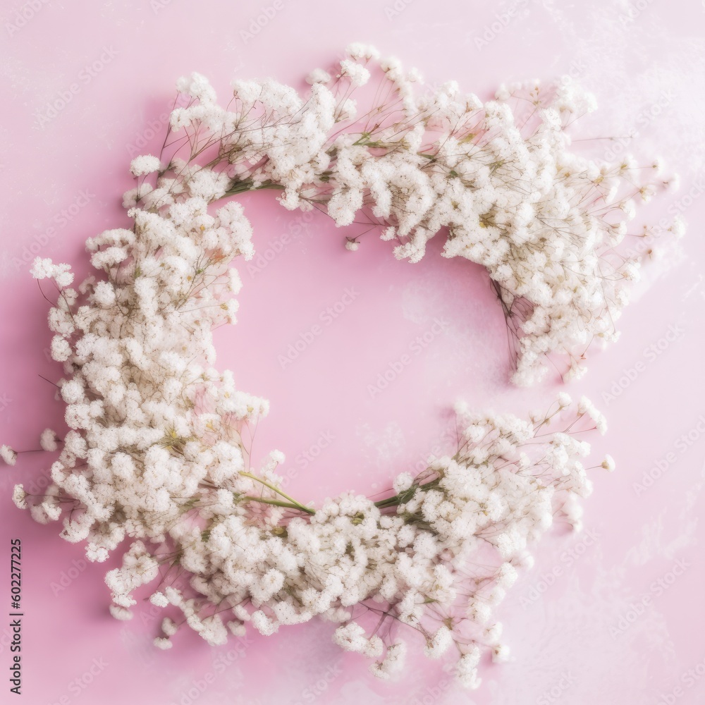 Wreath made of thuja branches, Gypsophila flowers, pine cones on white background,Christmas, winter,