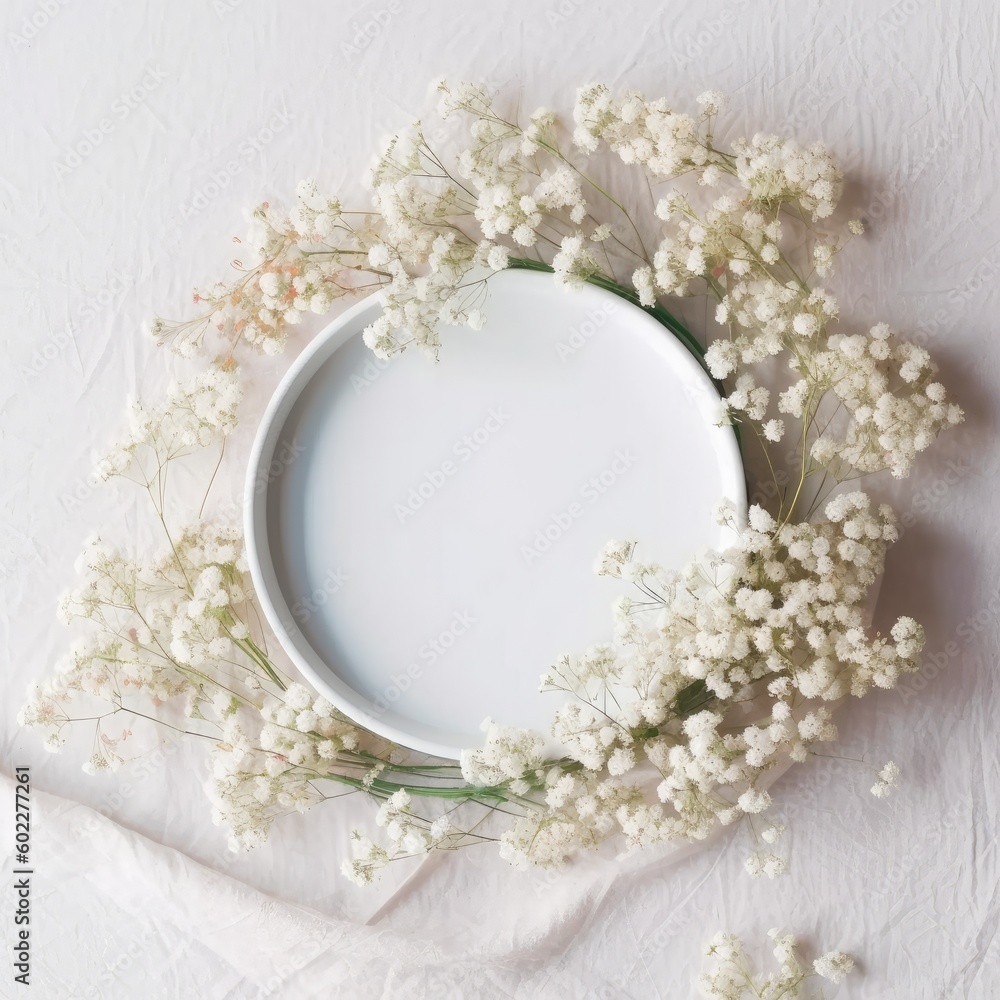 Dried flowers on pastel background,Autumn composition,Wreath made of gypsophila flowers, cotton flow