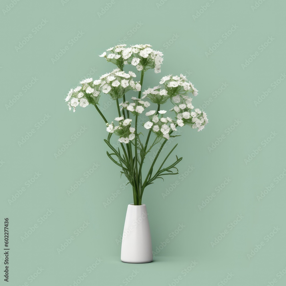 Gypsophila flowers in glass vase on green background,Flat lay, copy space,Spring or summer concept,G