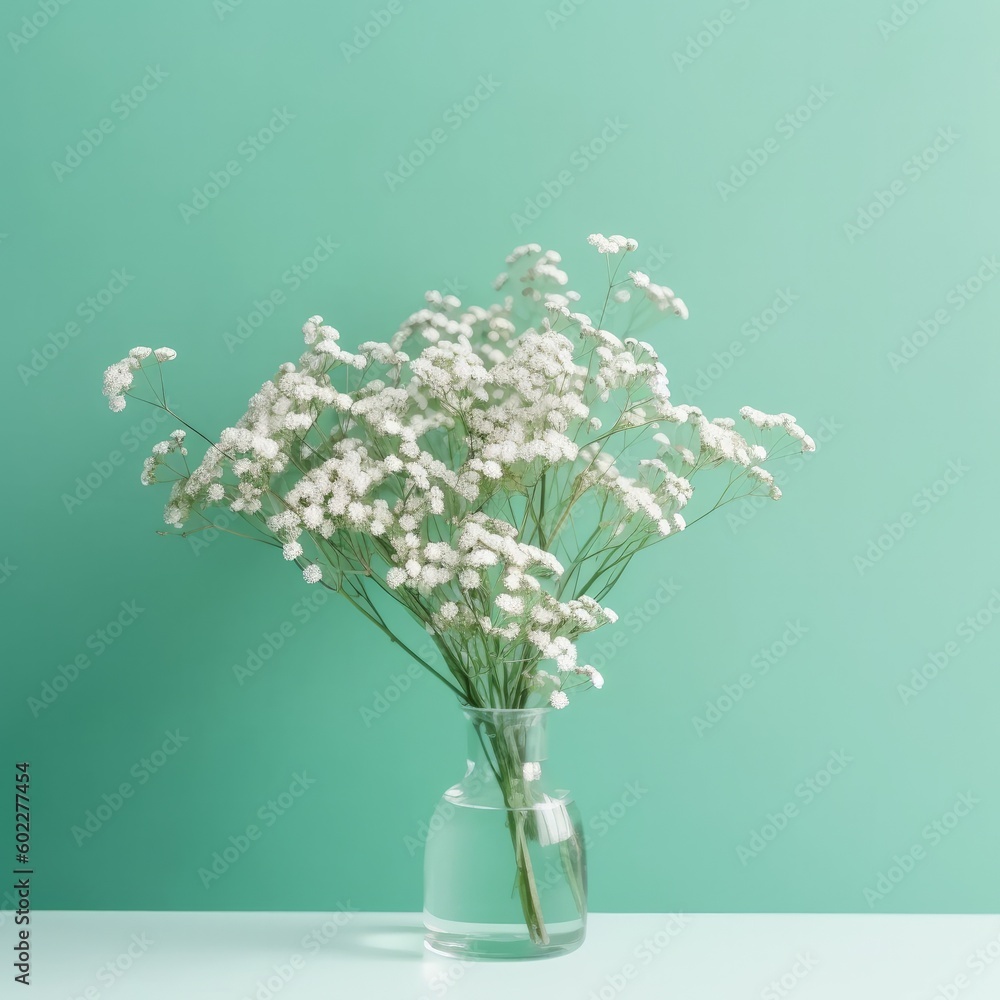 White gypsophila in glass vase on green background,Generative, AI, Illustration.