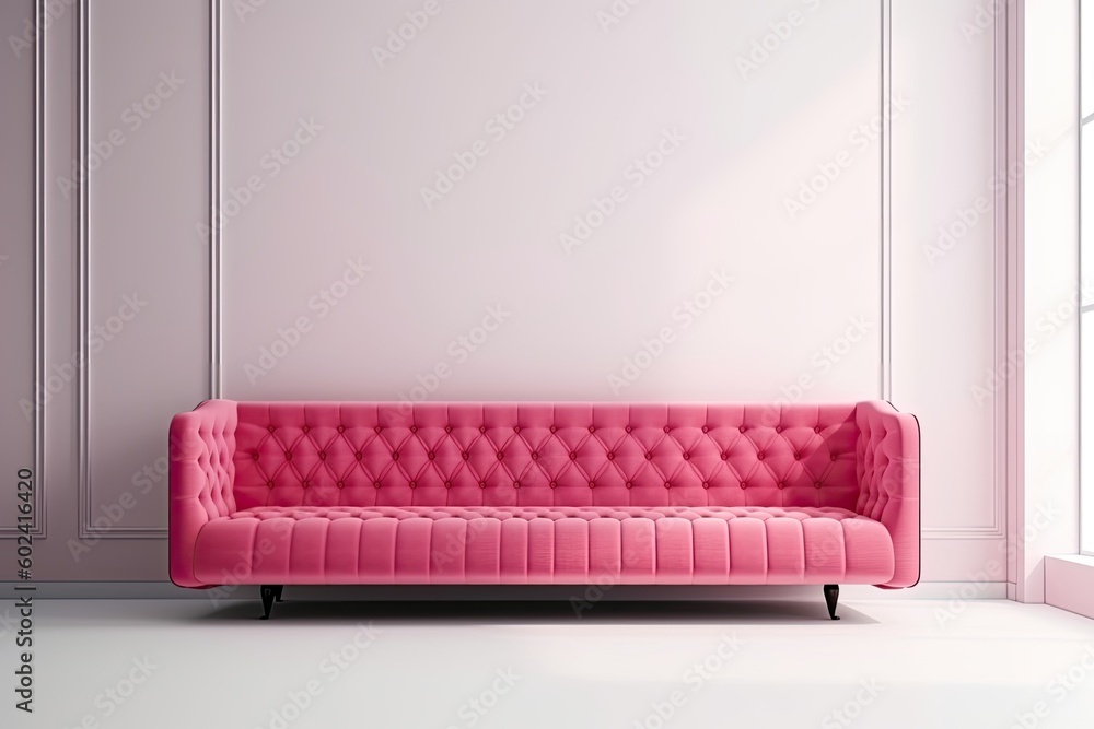 minimalist pink couch against a blank white wall Generative AI