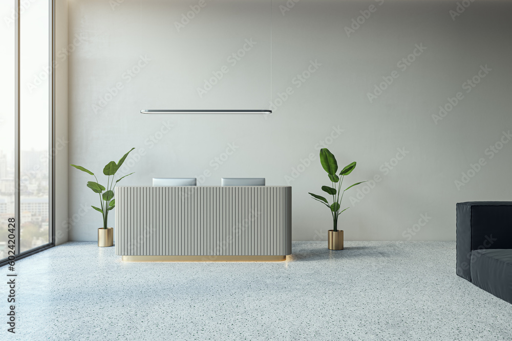 Modern office lobby with reception desk, window with city view, concrete flooring and various object