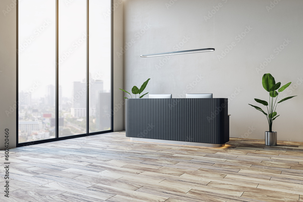 Contemporary office lobby with reception desk, window with city view, wooden flooring and various ob