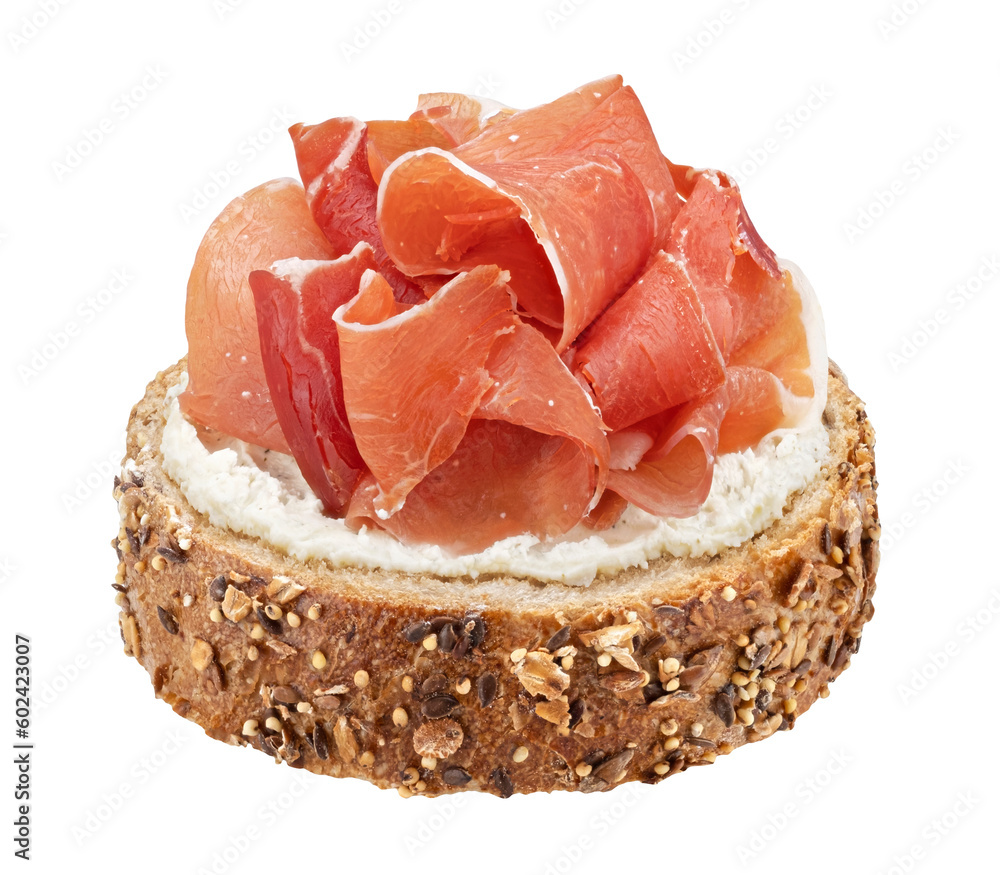 Italian prosciutto crudo bruschetta isolated on white background