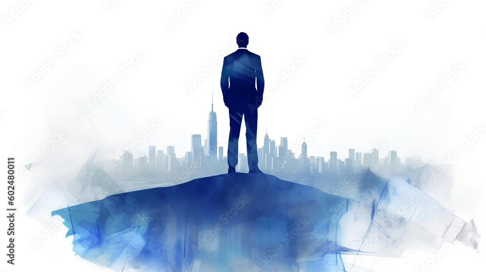 Businessman standing atop a mountain peak, overlooking a city landscape. Vision and success concept,