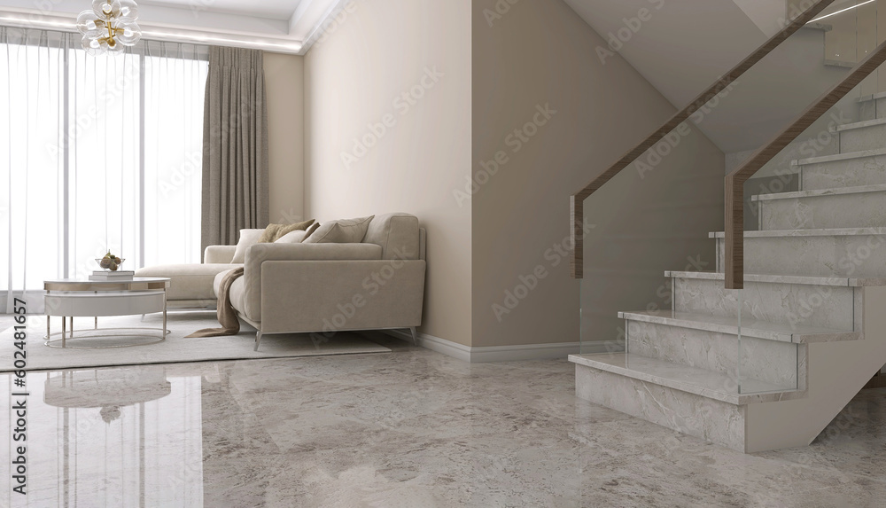 White marble floor tile in brown wall hall, luxury living room with beige corner sofa, modern coffee