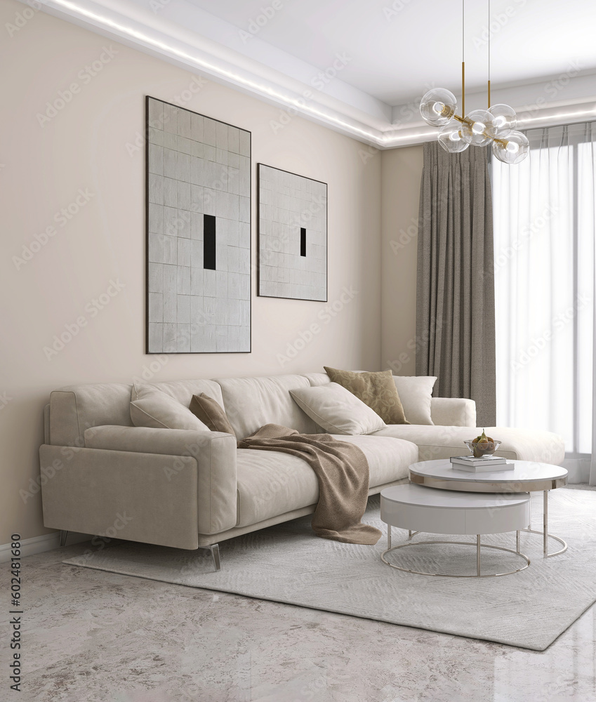 Modern luxury beige wall living room, cream suede leather corner sofa, white round coffee table, wal