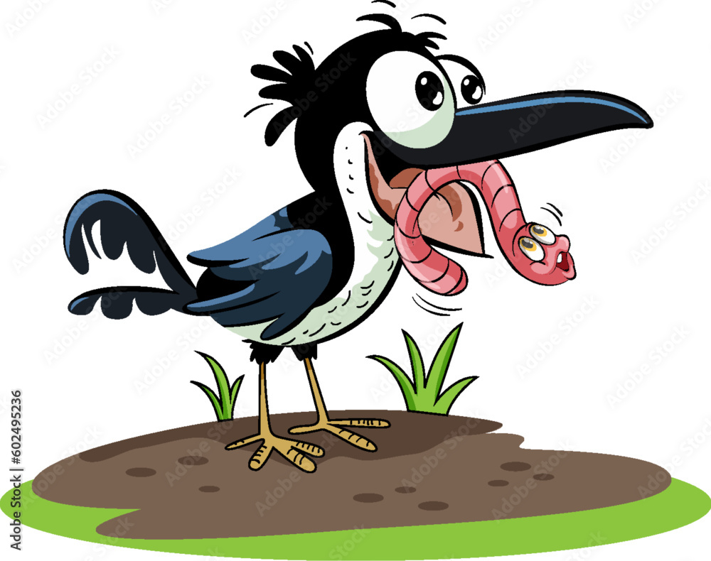 Black Bird Eating Worm in Cartoon Style