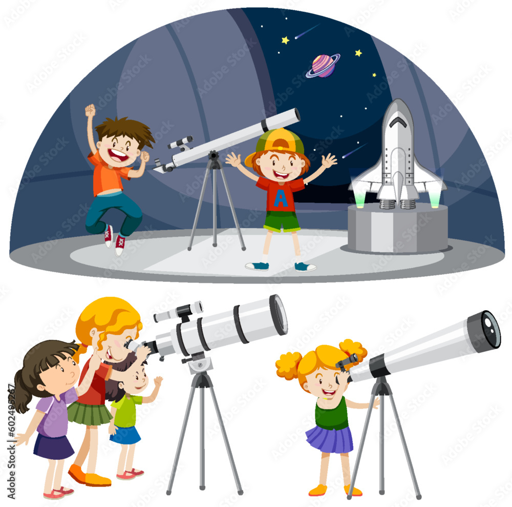 Playful Children Using Telescopes Vector Collection