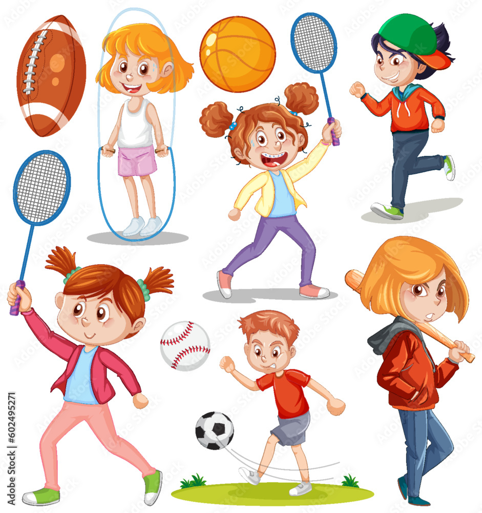 Set of kids playing different sports