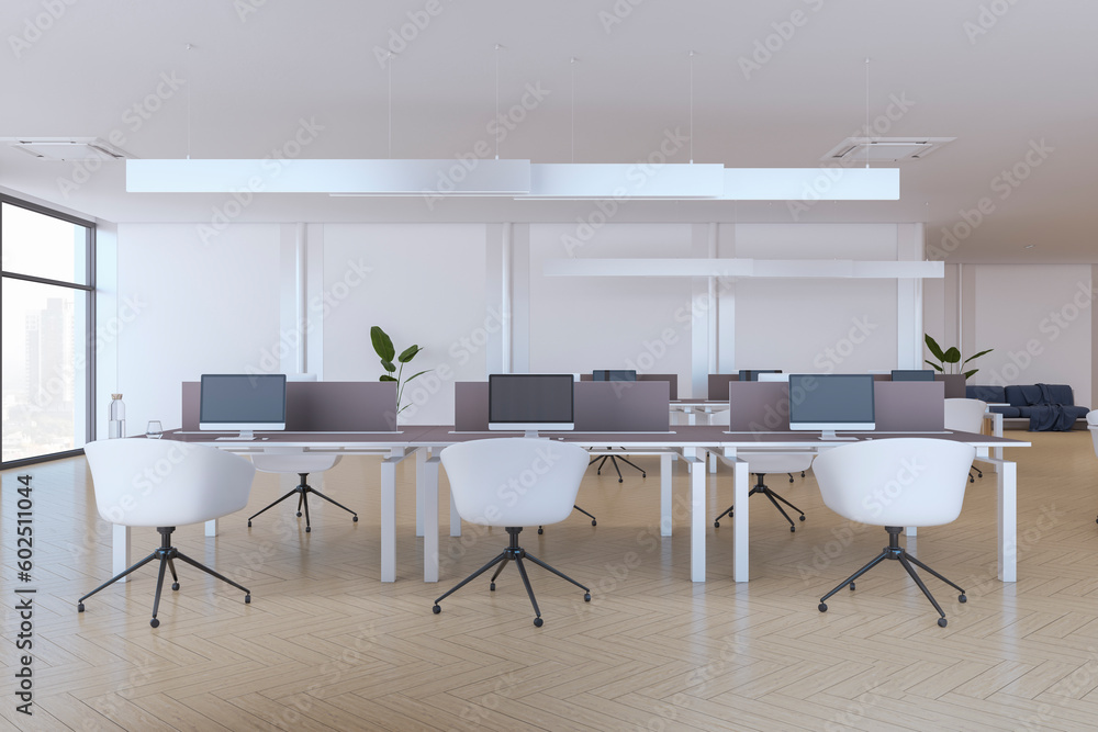 Office interior with furniture, equipment and other objects in daylight. 3D Rendering.