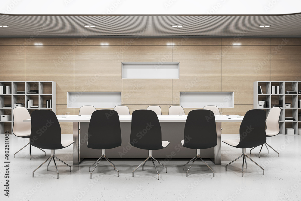 Front view on modern light conference table surrounded by stylish chairs on light concrete floor in 