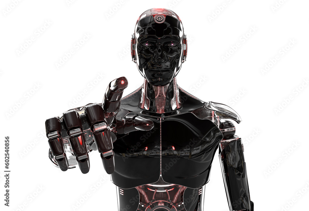 Isolated dark robot pointing finger. Futuristic cyborg using artificial intelligence. 3D rendering b