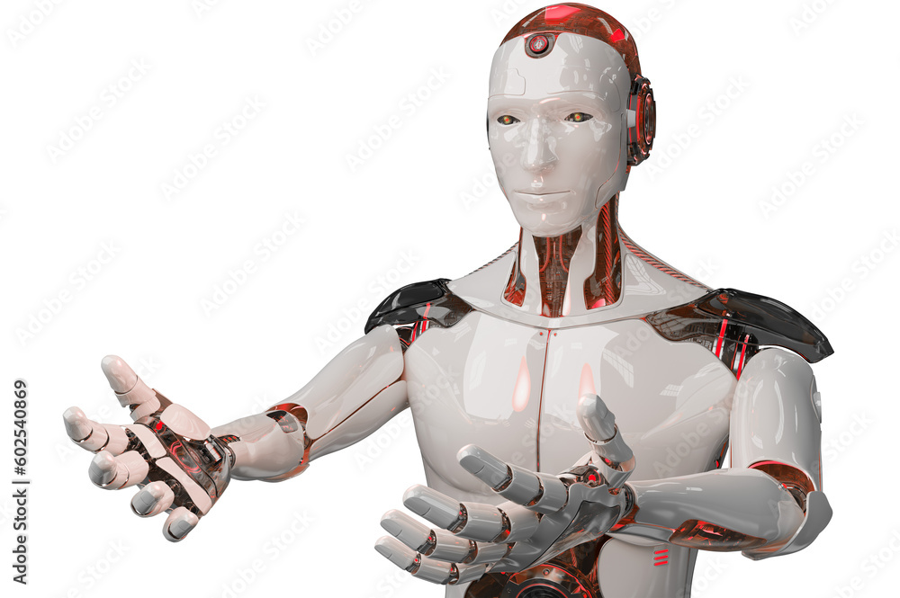 Isolated robot opening his two hands. Futuristic cyborg. 3D rendering white and blue humanoid cut ou