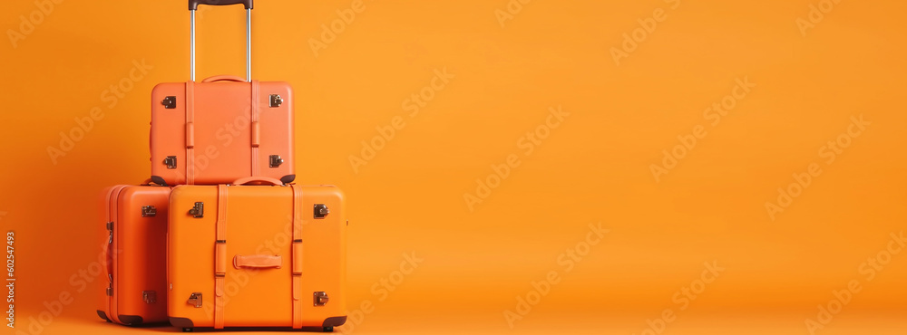 Orange travel suitcase, on orange background. Trip concept. Generative AI