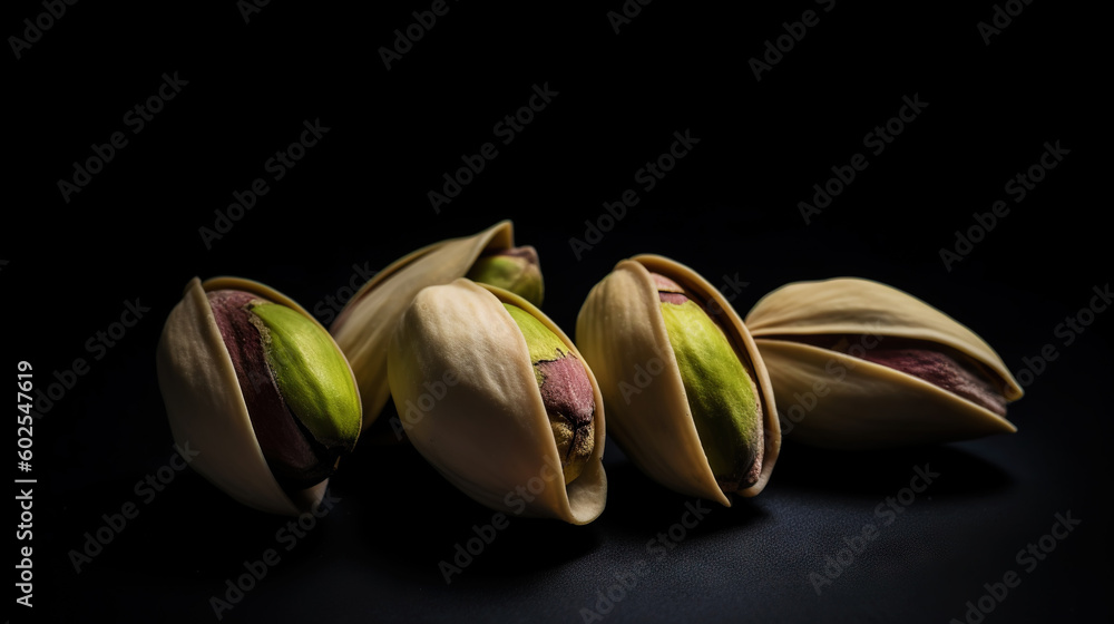 Pistachios on dark background. Nuts. Green fresh inshell pistachios. Generative AI