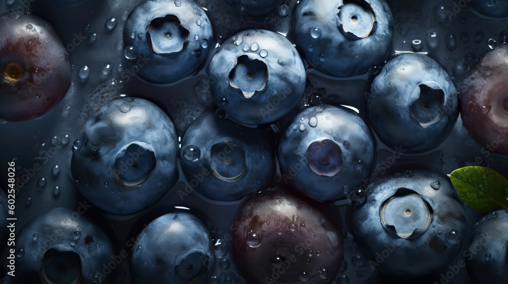 Fresh ripe blueberries with water drops background. Berries backdrop. Generative AI