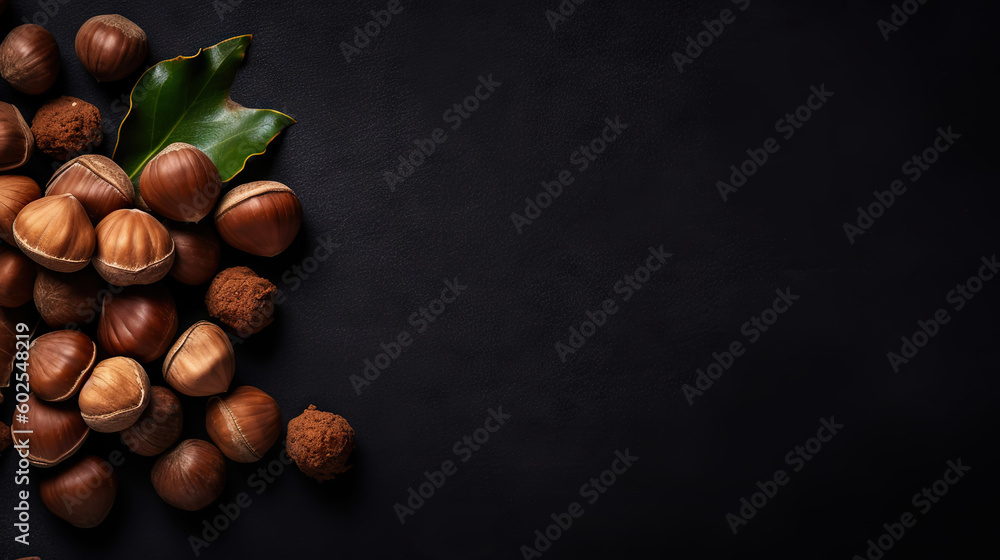 Large group og Hazelnuts on dark backdrop. Food background. Generative AI