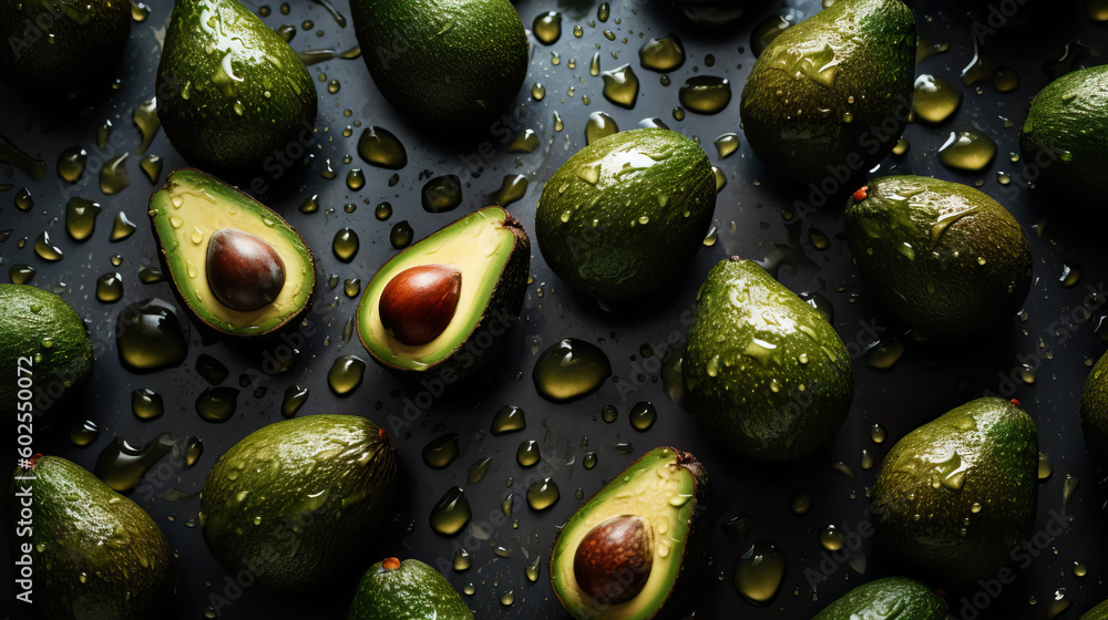 Fresh ripe avocados with water drops background. Fruits backdrop. Generative AI