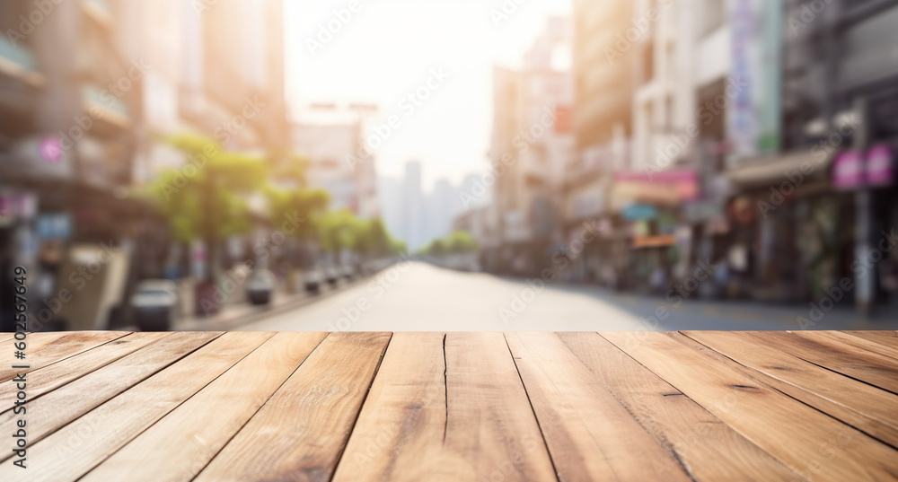 Wood table mockup with Singapore city street in shallow depth of field. Copy space for product. Gene