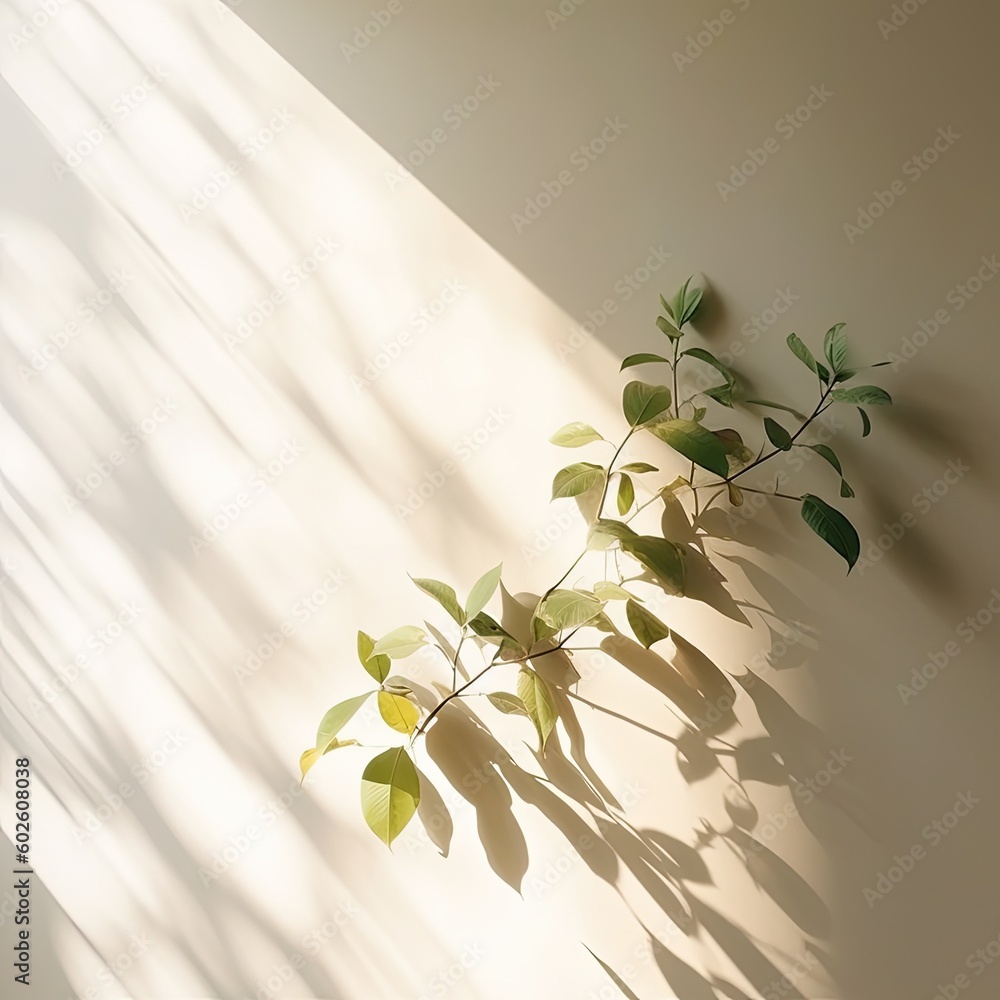 Green tree and shadow on a wall background. Olive color stylish flat lay with trendy shadow and sun 