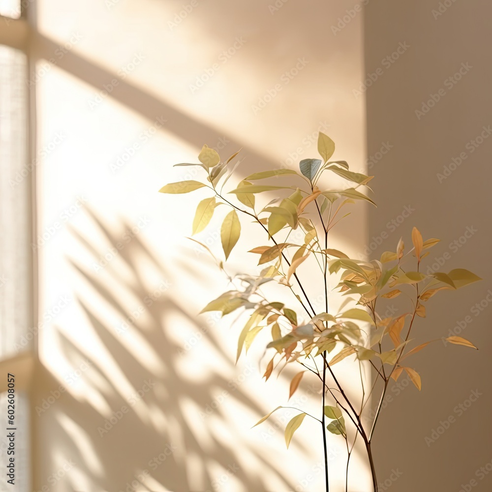 Background texture,Shadow of tree and green tree branches on a concrete wall,Generative, AI, Illustr