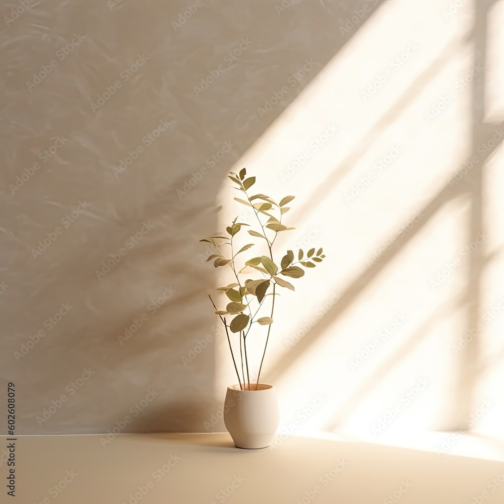 Fresh summer interior with green leaves in glass vase in sun light with shadow on wall,Modern interi