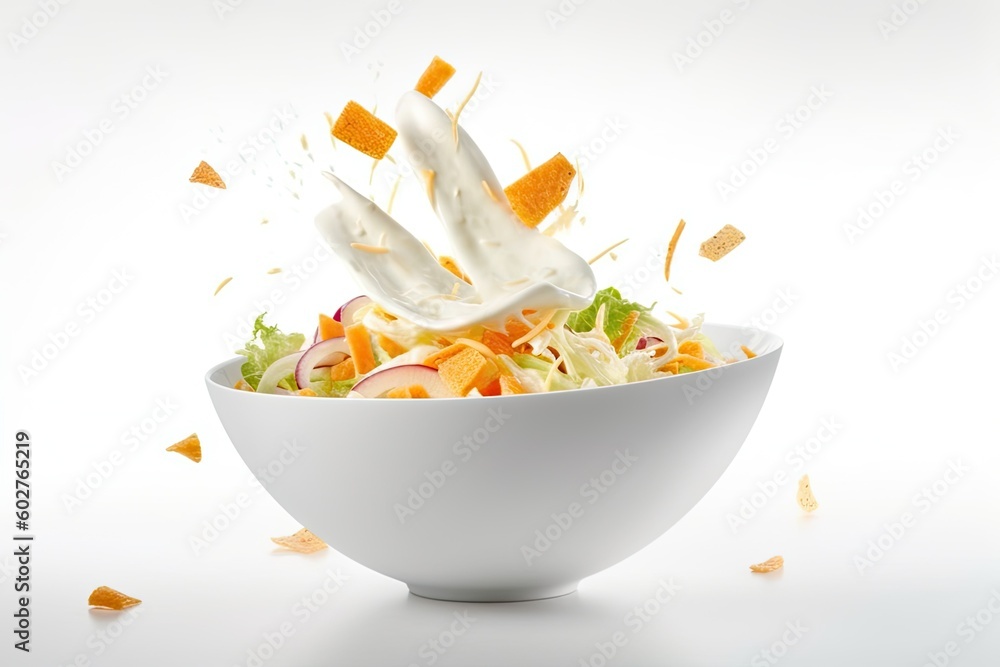 healthy salad with cheese toppings in a white bowl Generative AI