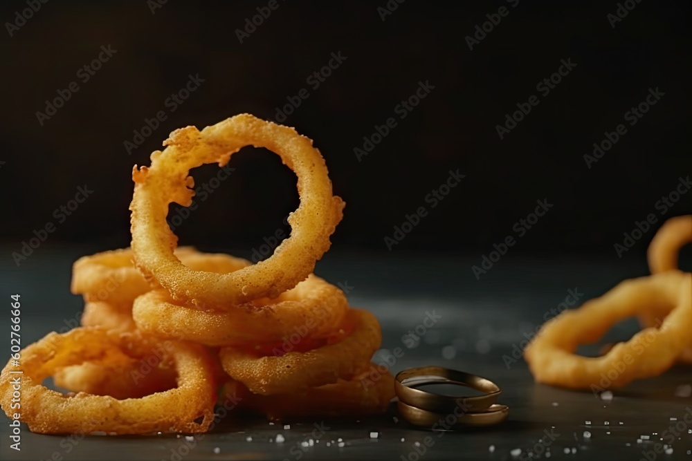 delicious pile of crispy golden onion rings on a wooden table Generative AI