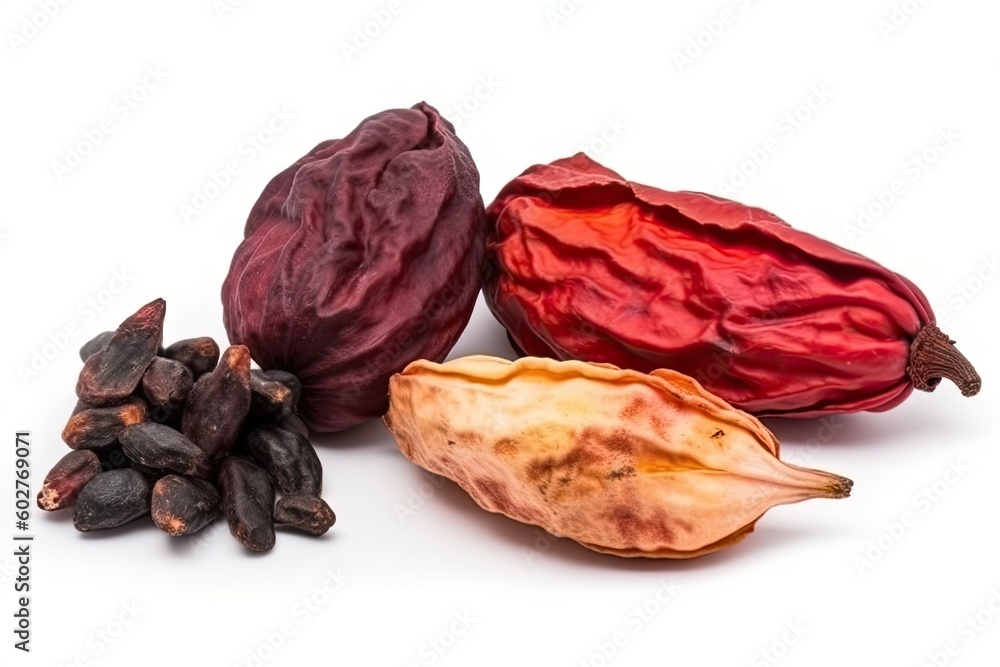 three varieties of cocoa beans on a plain white background Generative AI