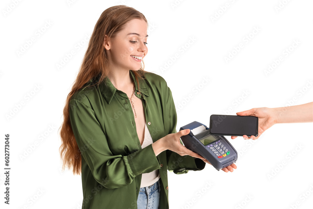 Female seller taking payment from customer on white background