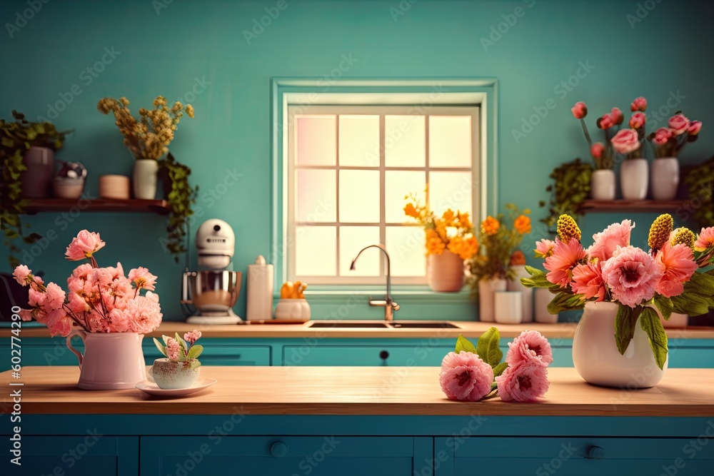 vibrant and colorful kitchen counter filled with a variety of fresh flowers Generative AI