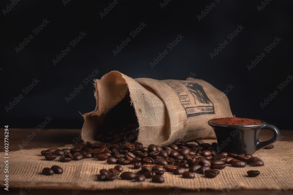 bag of freshly roasted coffee beans and a steaming cup of coffee on a table Generative AI