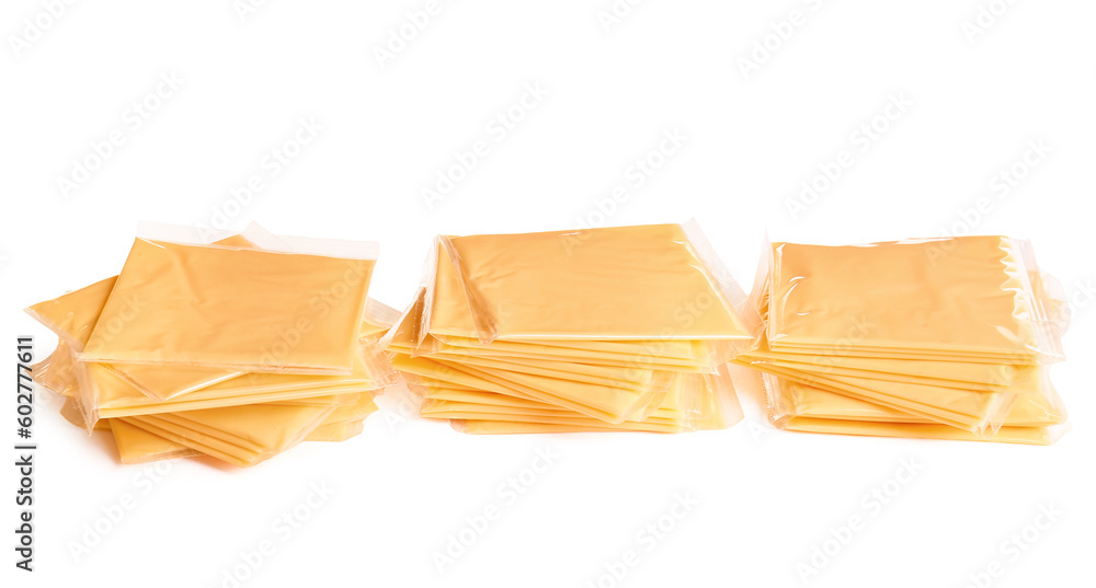 Slices of tasty processed cheese on white background