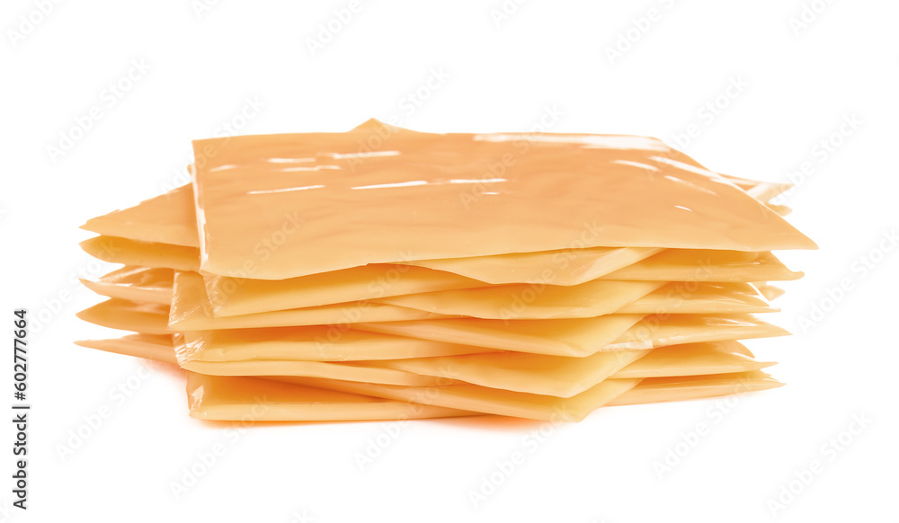 Stack of tasty processed cheese on white background