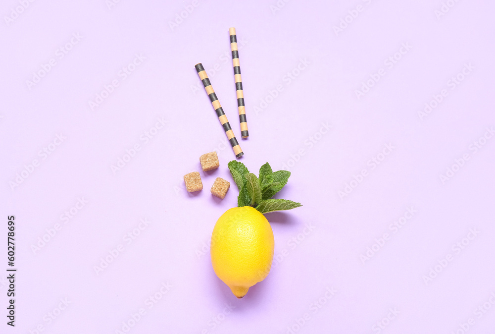 Ripe lemon with mint and straws on lilac background