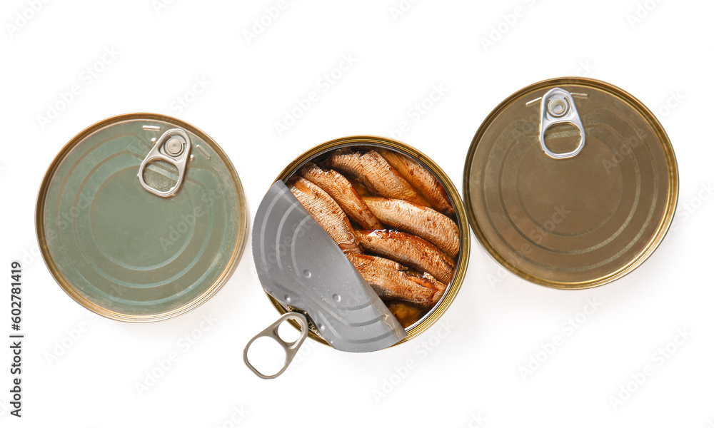 Canned smoked sprats on white background