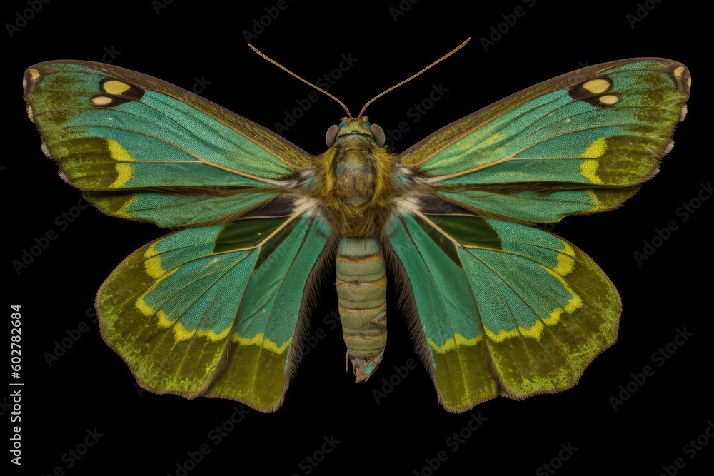 vibrant green and yellow butterfly on a dark black background Generative AI