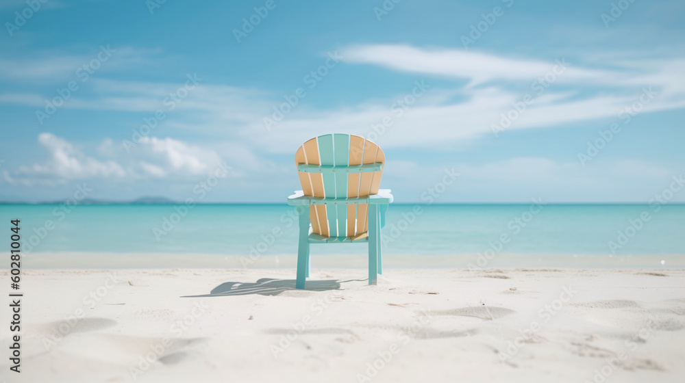 Isolated beach chair on the tropical white sand beach. Image Generative AI. 