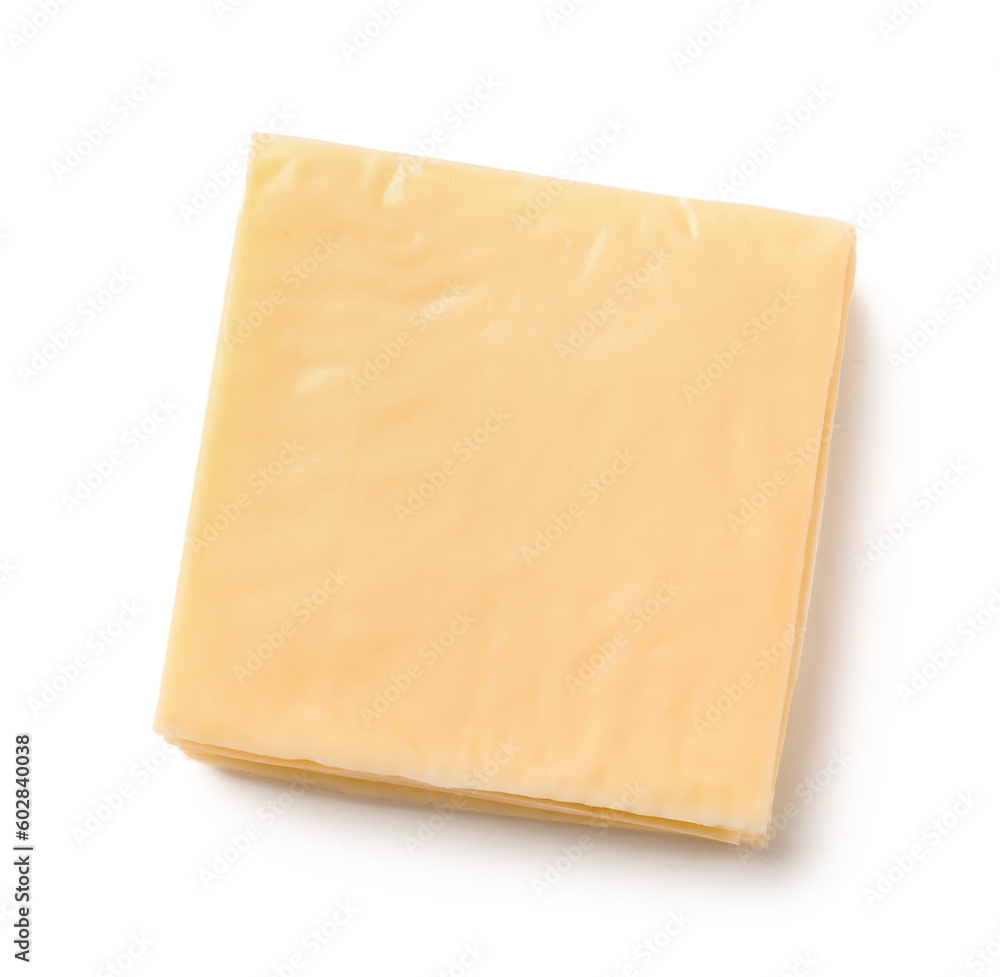 Stack of tasty processed cheese on white background